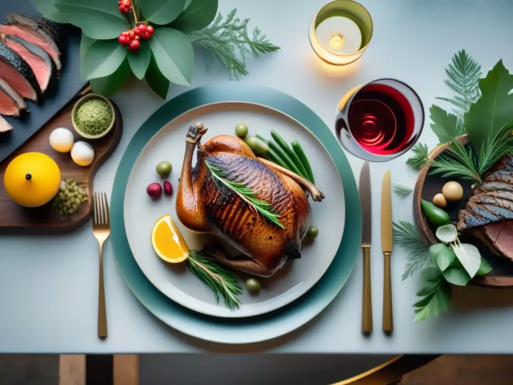 Una mesa elegante con maridaje de carnes exóticas y vinos uruguayos, ambiente lujoso y acogedor