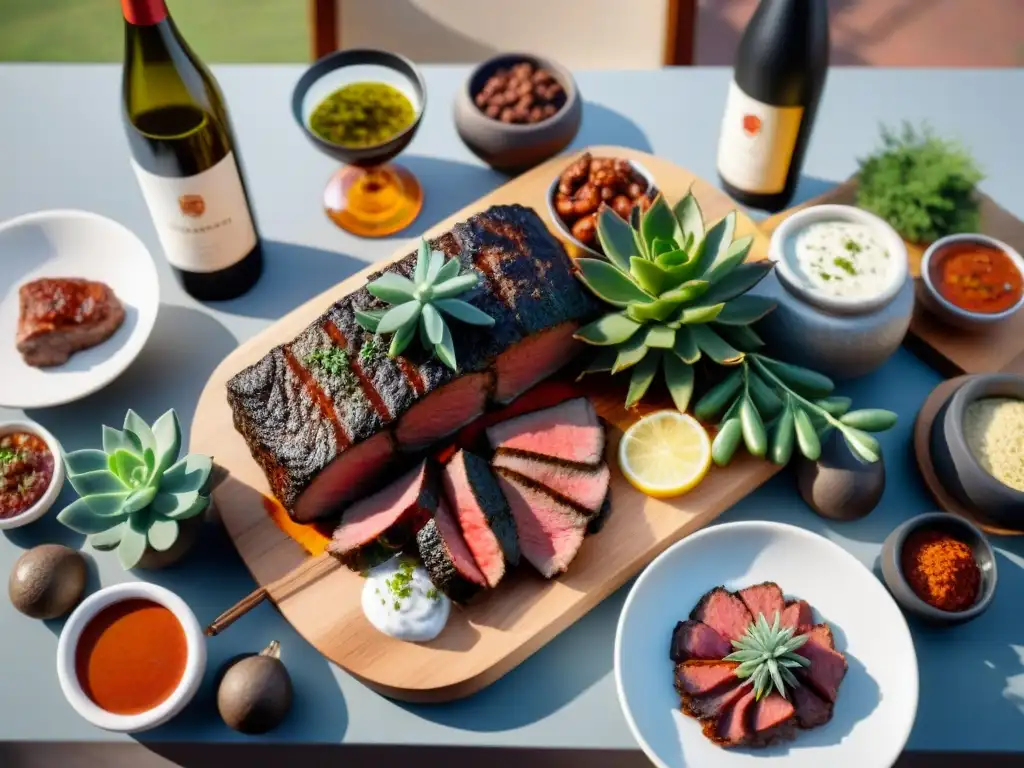 Una mesa elegante con maridaje de salsas uruguayas y cortes de carne, bañada por cálida luz solar