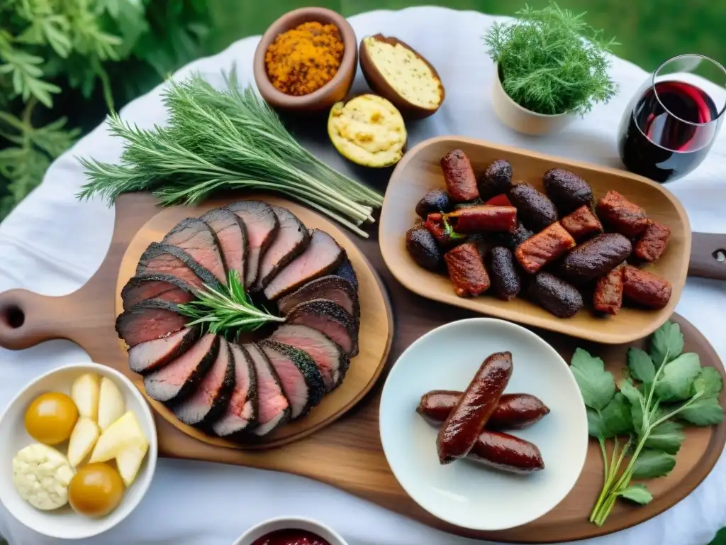 Una mesa elegante con maridajes innovadores asado uruguayo en un jardín al atardecer