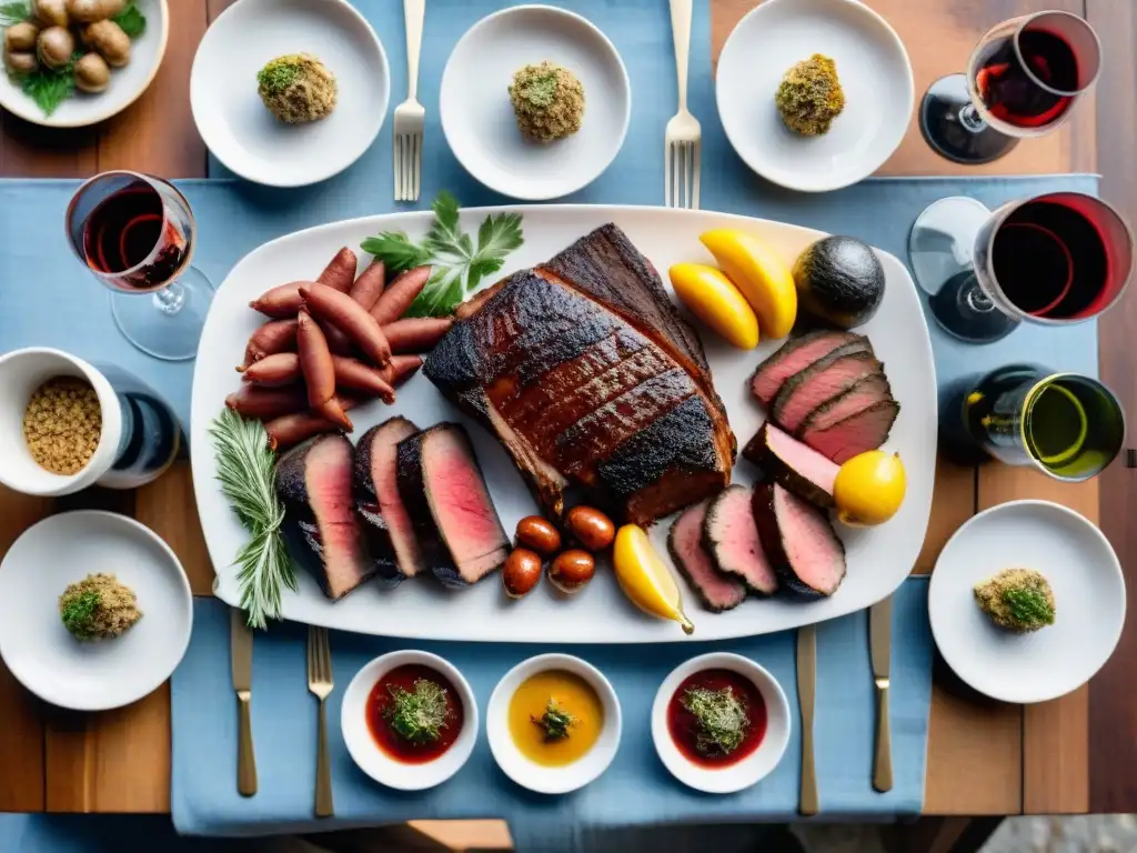 Una mesa elegante con los mejores cortes de carne uruguayos y vinos, en un asado tradicional