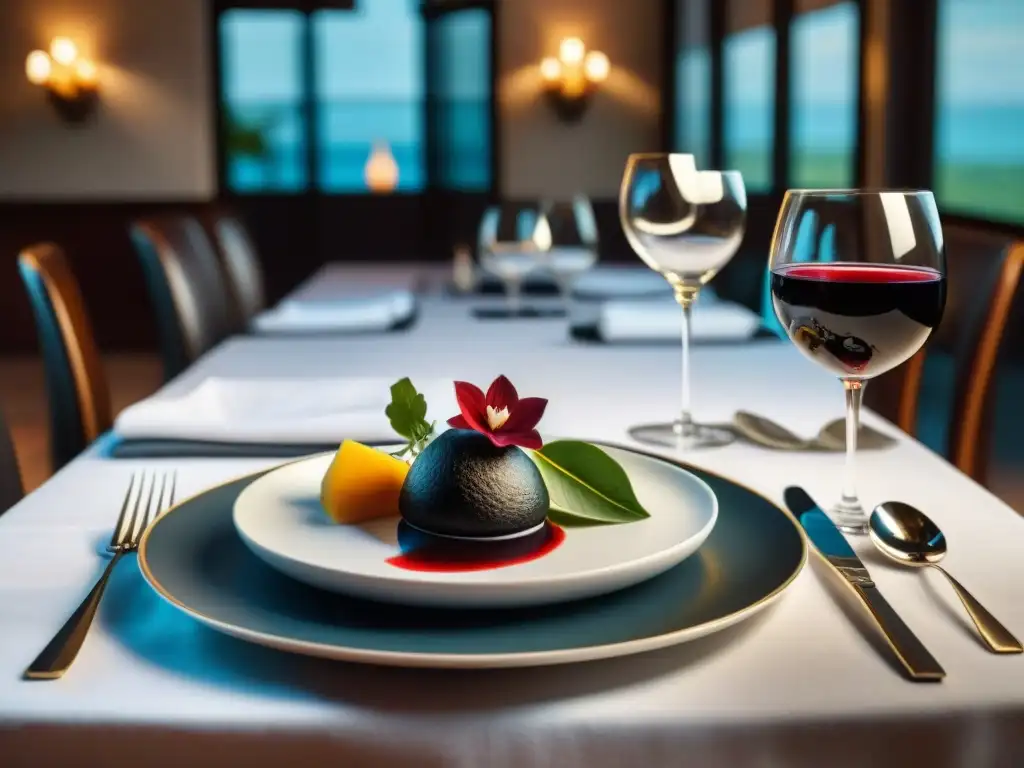 Una mesa elegante en un restaurante de Uruguay, con copa de vino tinto, platillo de chef uruguayo y arreglos florales exquisitos