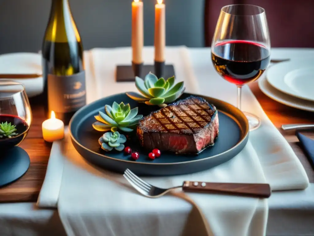 Una mesa elegante con una suculenta carne uruguaya y vinos internacionales, ideal para maridajes