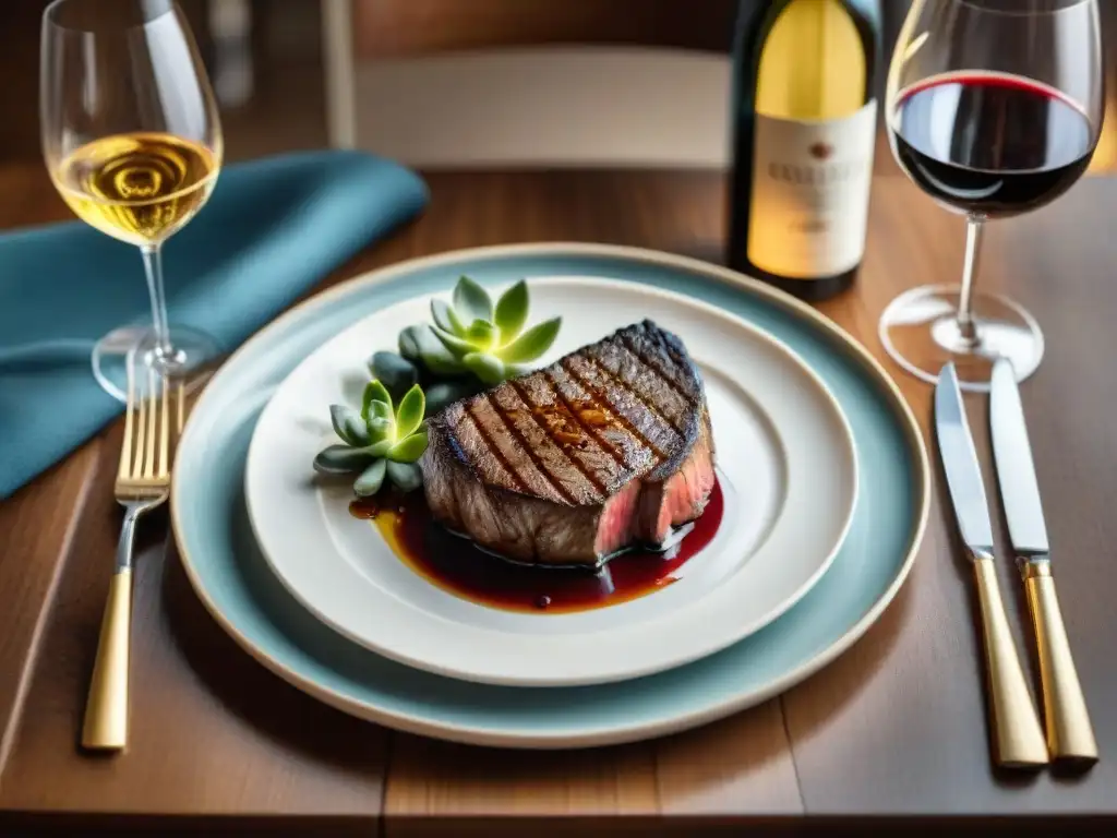 Una mesa elegante con un suculento maridaje de carne uruguaya y vinos internacionales