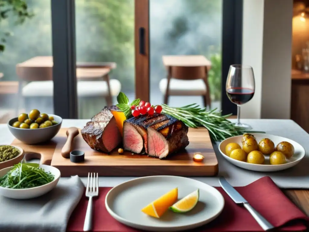 Una mesa elegante con variedad de vinos y asado uruguayo, decorada con elementos rústicos