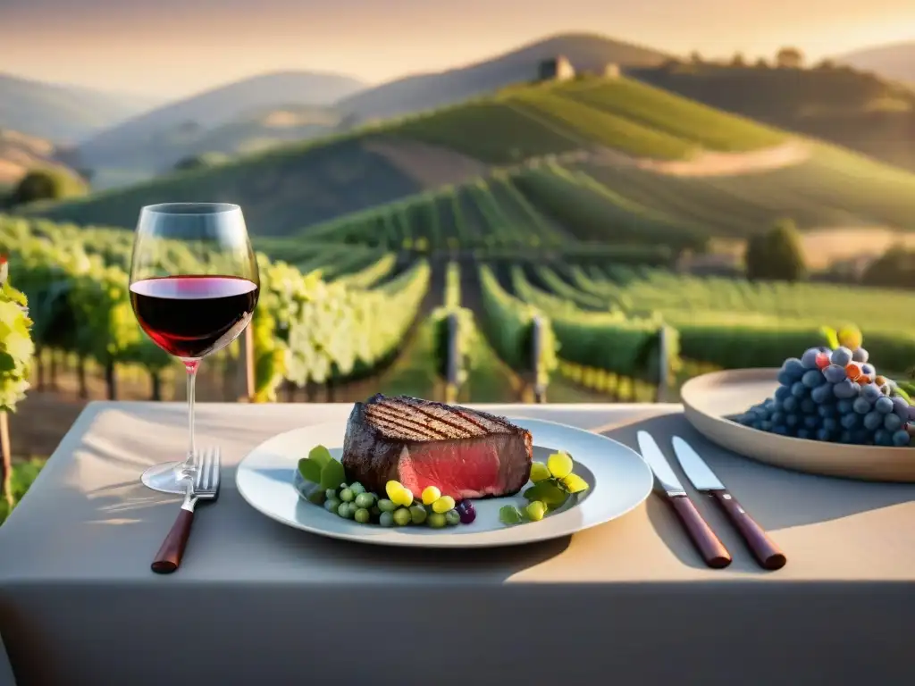 Una mesa elegante en un viñedo con un asado y vino, rodeada de naturaleza