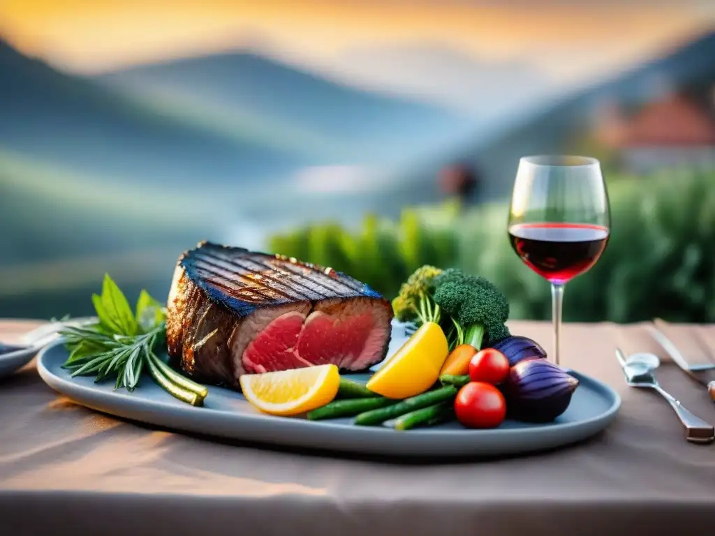 Una mesa elegante con vino tinto y asado premium en parrilla al atardecer