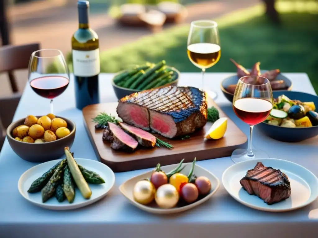 Una mesa de exteriores elegante con vinos y asados perfectamente maridados al atardecer