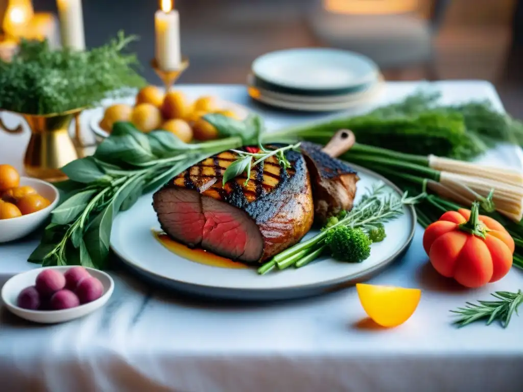 Una mesa elegante con vinos y asados expertos, evocando sofisticación culinaria