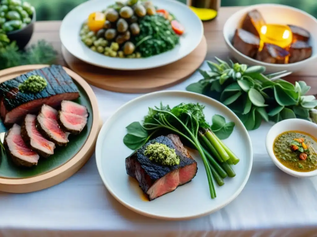 Una mesa elegante con vinos blancos y asado uruguayo, perfecta para una experiencia sofisticada