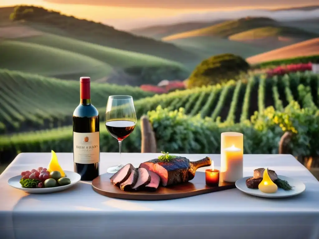 Una mesa elegante con vinos y carnes asadas en una estancia de lujo en Uruguay al atardecer, iluminada por velas