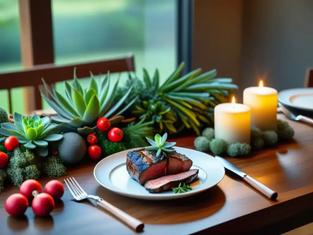 Mesa elegante con vinos y asados experto: carnes, verduras a la parrilla, velas y decoración rústica