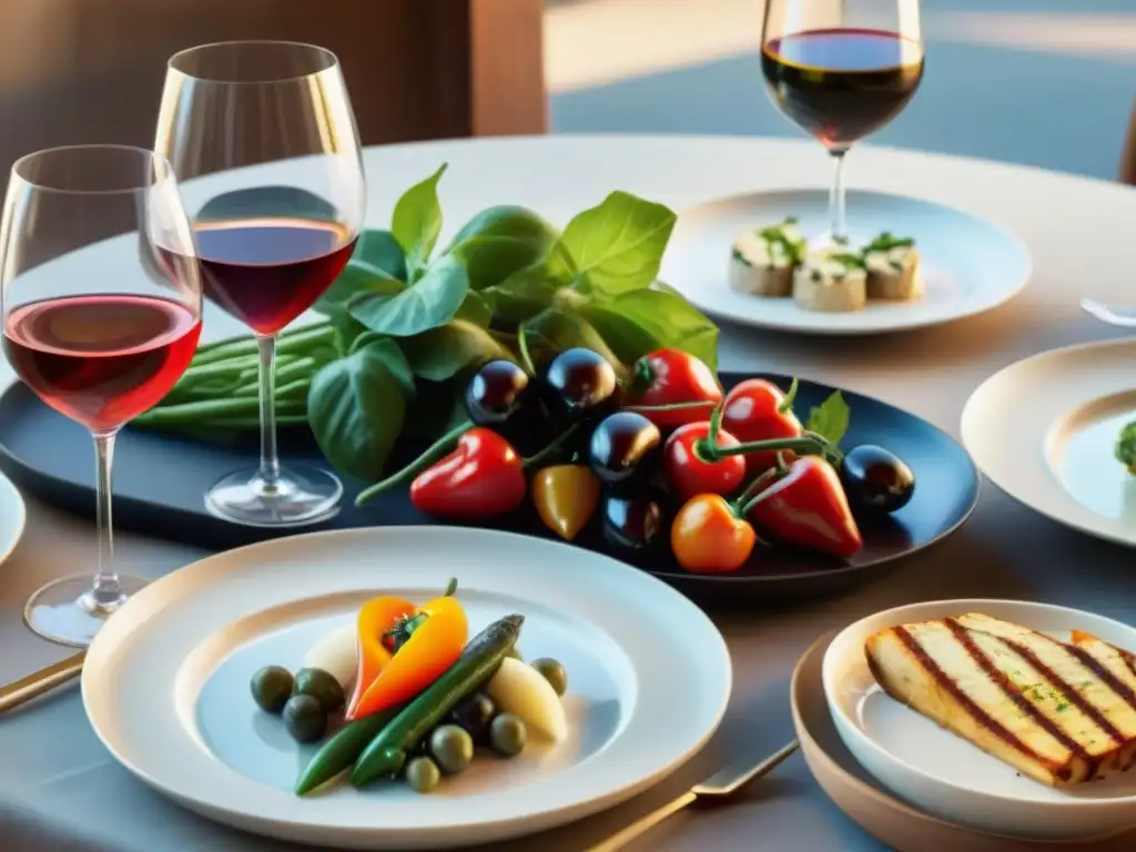 Una mesa elegante con vinos y platillos vegetarianos