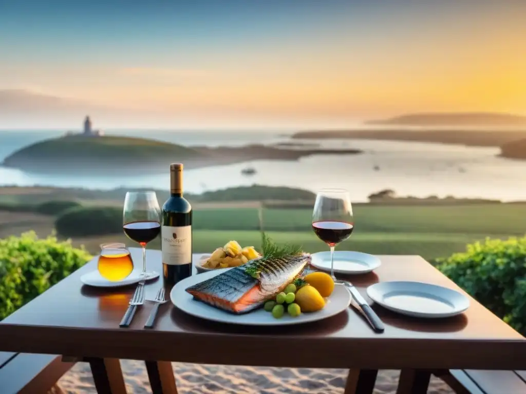 Una mesa elegante con vinos uruguayos y pescados asados frente al mar al atardecer