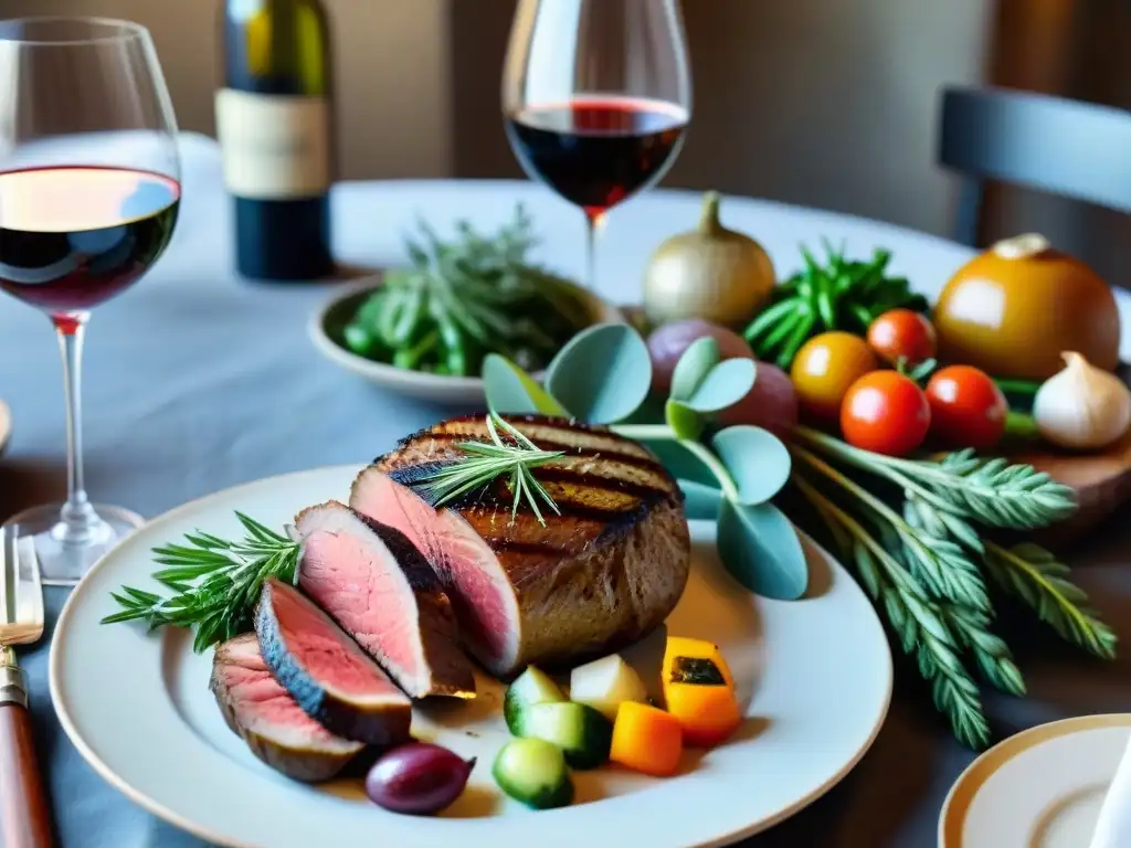 Una mesa elegante con vinos uruguayos premium y cortes de carne, mostrando un maridaje perfecto