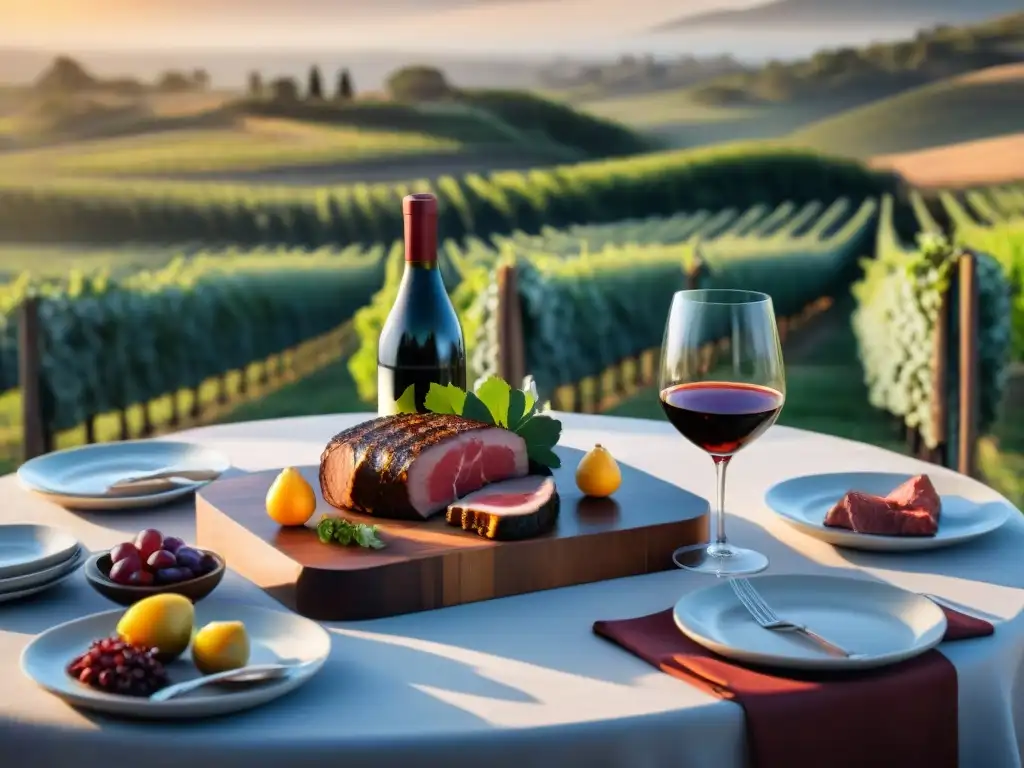 Una mesa elegante con vinos uruguayos para carnes importadas, en una viña pintoresca al atardecer