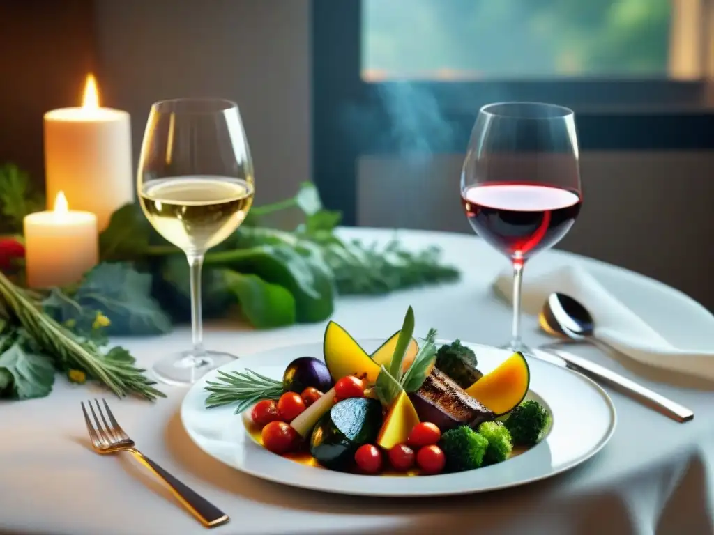 Una mesa elegante con vinos y vegetales asados, perfecta para maridaje vinos asados vegetales