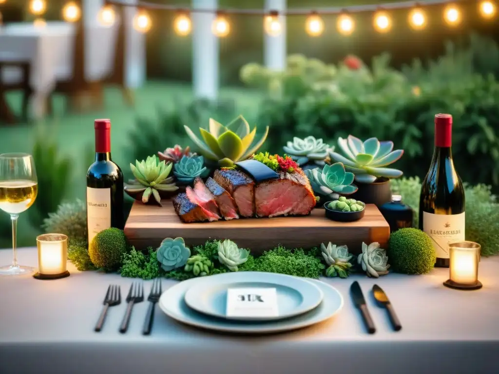 Una mesa de evento al aire libre con vinos asados y decoración rústica en un ambiente cálido y acogedor