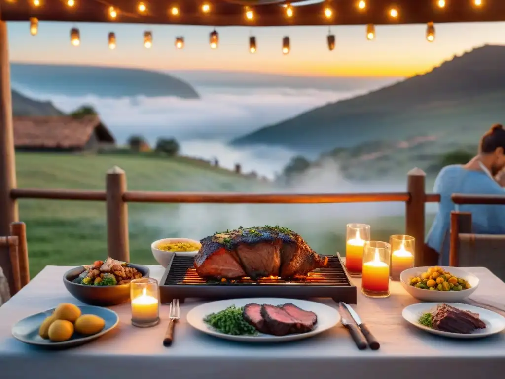 Mesa de evento con asado uruguayo al atardecer: decoración elegante y ambiente festivo