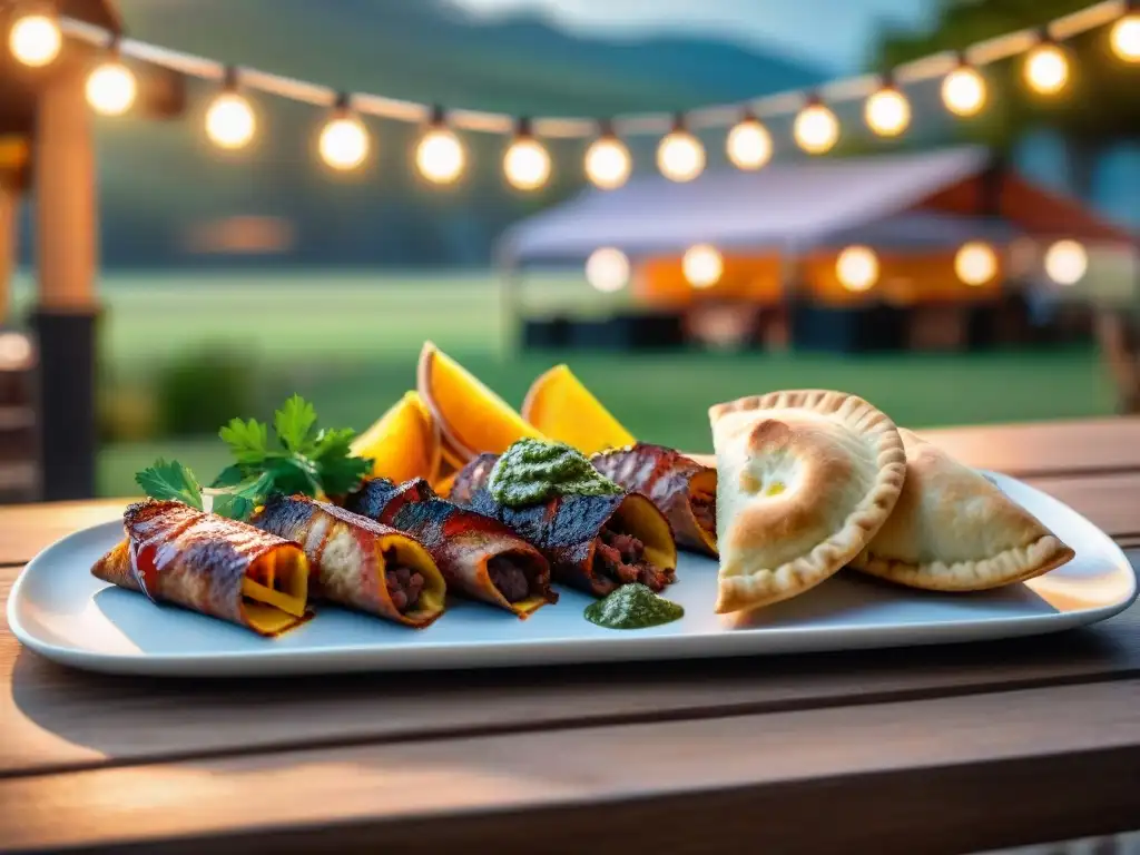 Asado uruguayo al atardecer: mesa al aire libre para evento de marca Mesa de evento de marca con asado uruguayo al atardecer