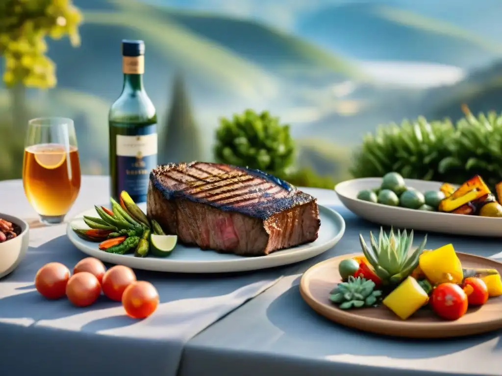 Una mesa de exterior para asado, con steak, verduras asadas, pan artesanal y agua mineral