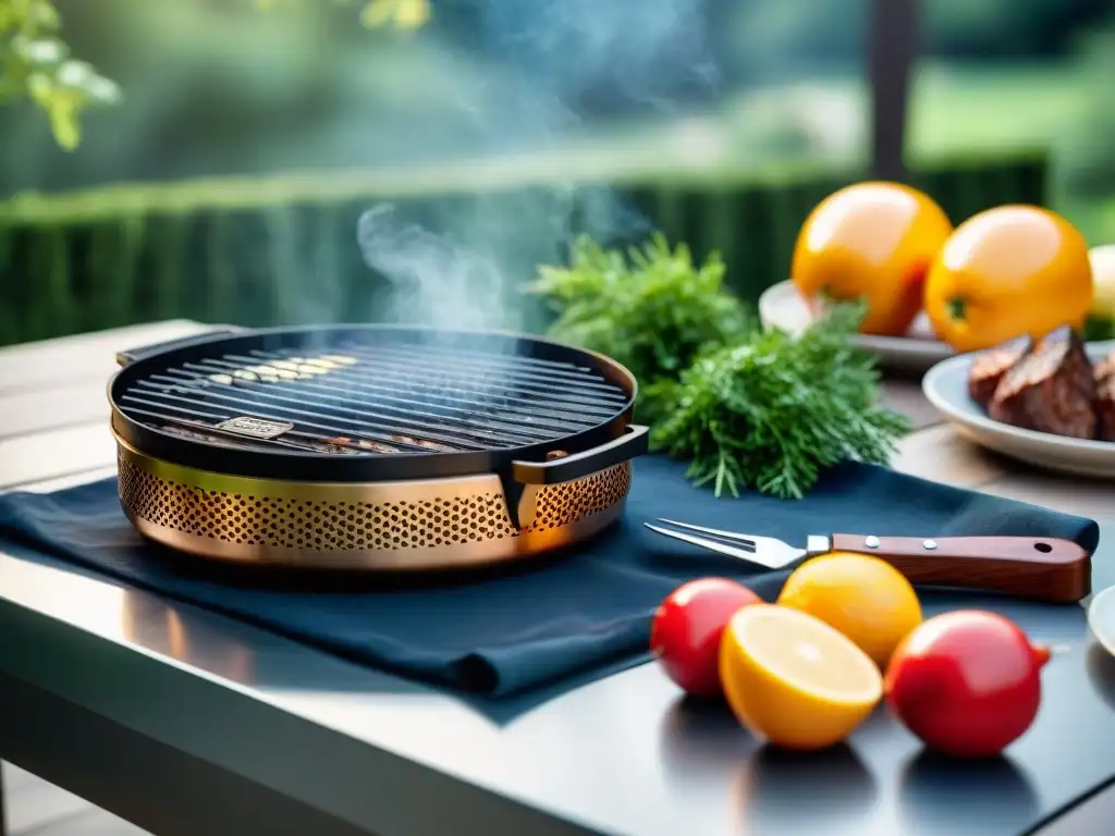 Una mesa de exterior bellamente decorada con accesorios de parrilla de alta calidad y decoración estacional, bañada en cálida luz solar y rodeada de exuberante vegetación