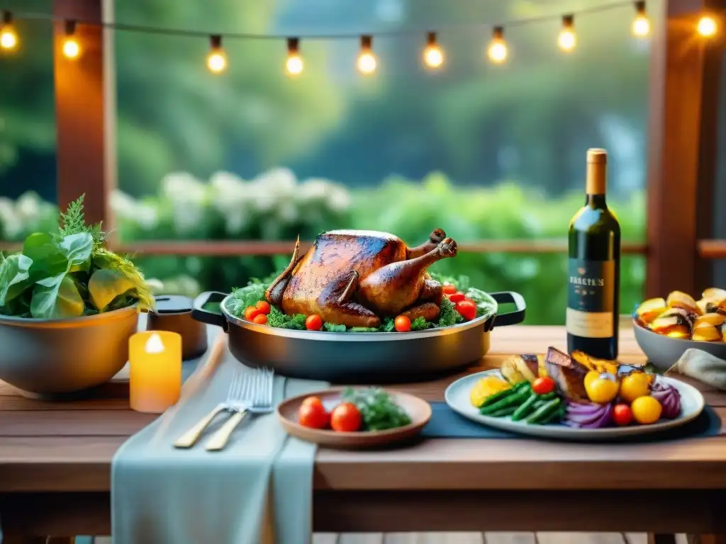 Una mesa de exterior elegantemente decorada para celebrar aniversario con asado único, rodeada de vegetación exuberante y luces cálidas