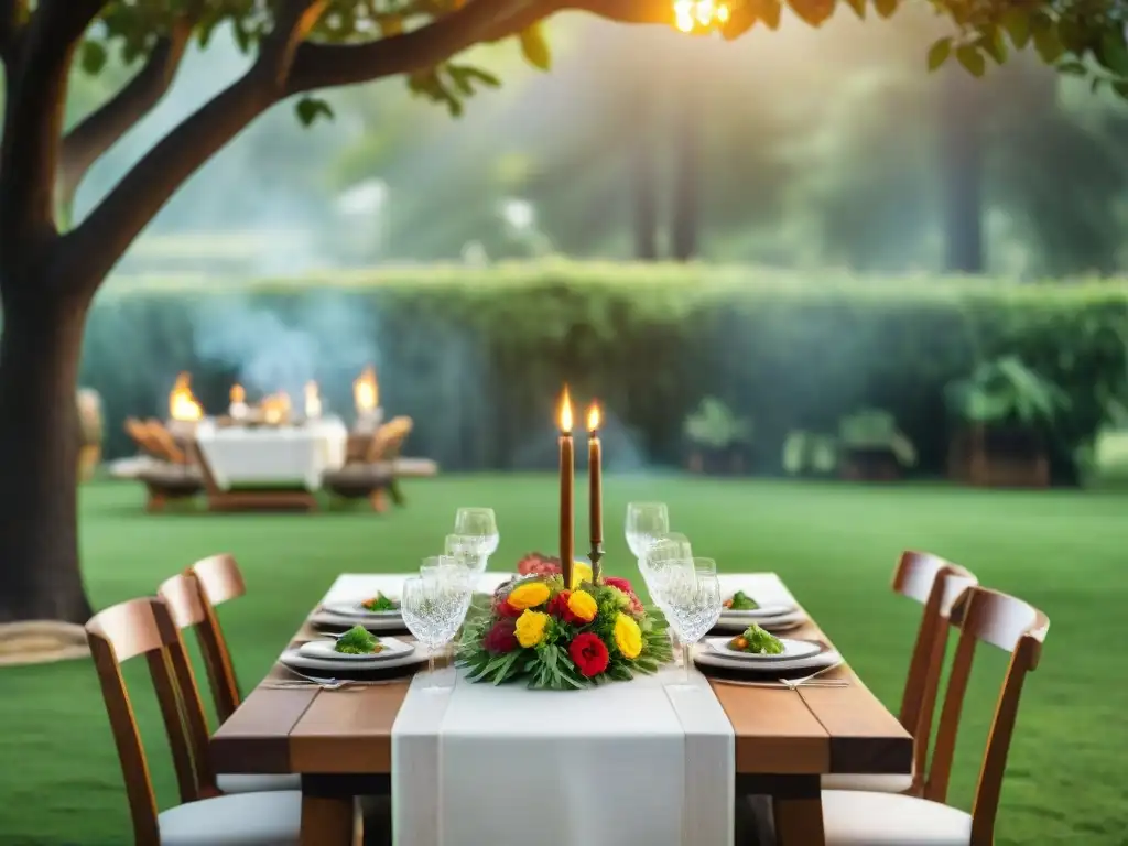 Una mesa exterior bellamente decorada para celebrar aniversario con asado único