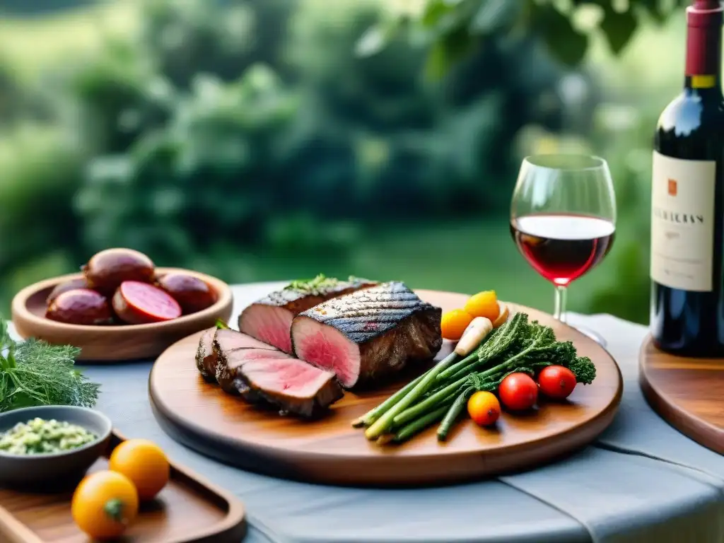 Una mesa de exterior elegantemente decorada con copas de vino, una botella de vino tinto y una selección perfectamente asada de carnes y verduras