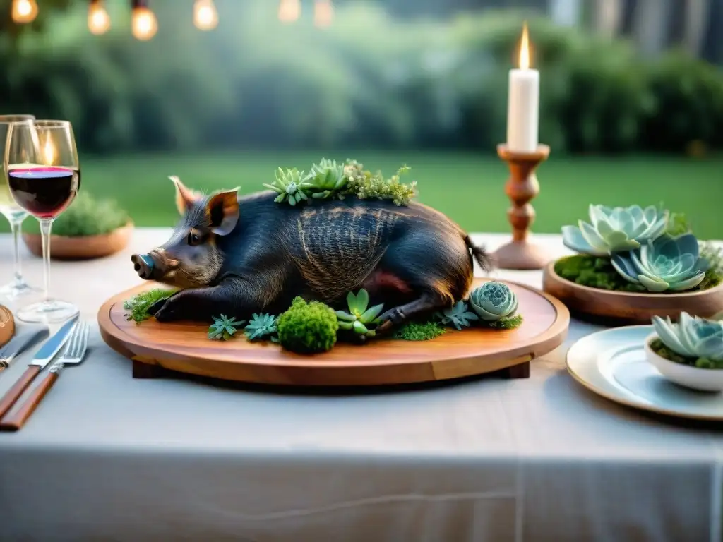 Una mesa de exterior exquisitamente decorada en un jardín exuberante con una receta de asado de jabalí