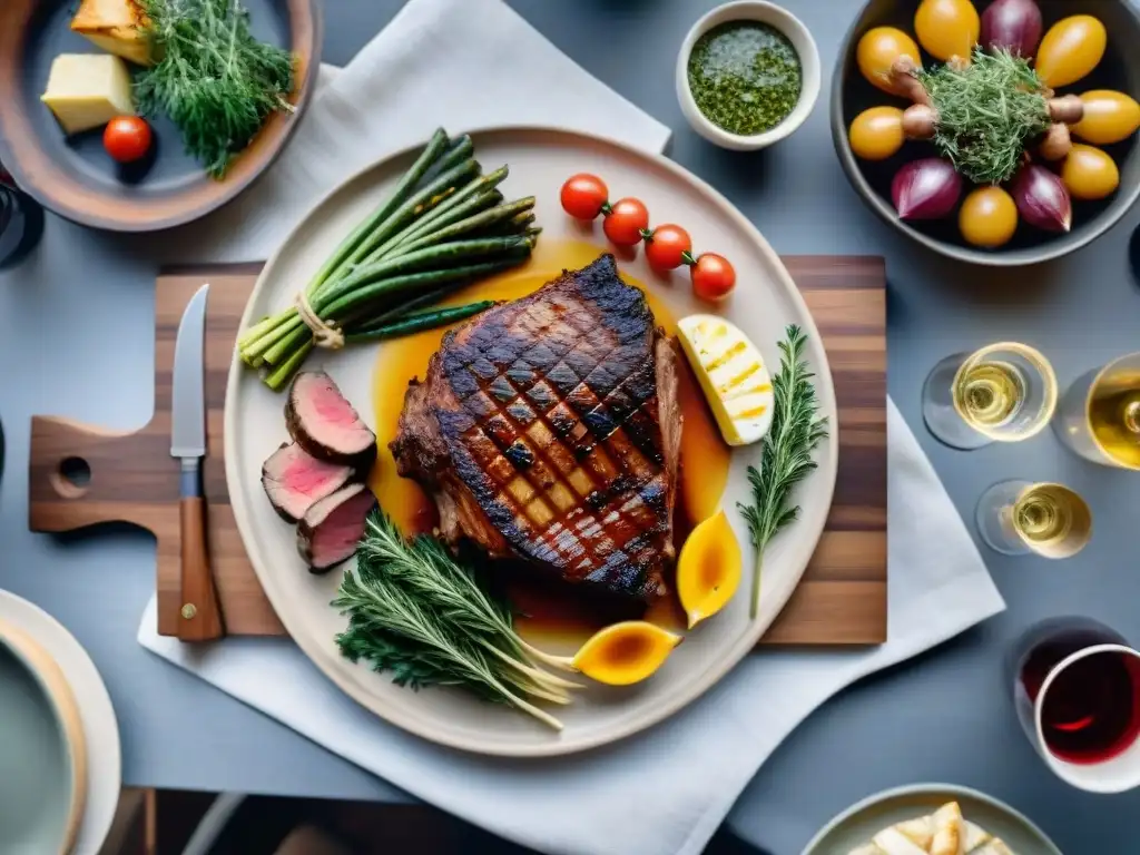 Una mesa de exterior bellamente decorada con vinos y carnes asadas, ideal para disfrutar técnicas ancestrales y modernas asado