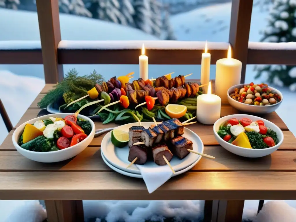 Una mesa de exterior elegante con deliciosas recetas de asados saludables en un paisaje invernal acogedor