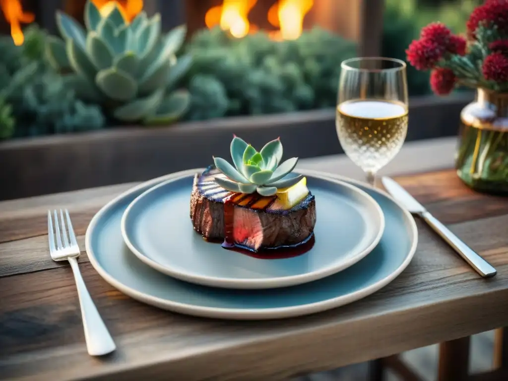 Una mesa de exterior elegante con un delicioso maridaje de vino y asado para impresionar a los invitados