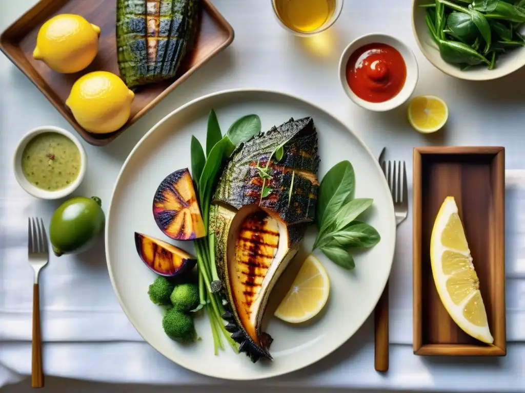 Una mesa de exterior elegante preparada para servir cocodrilo asado, bañada por la cálida luz del sol