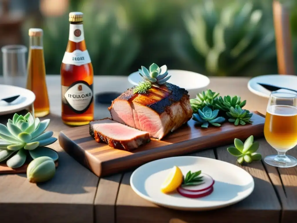 Una mesa de exterior elegante con sidras uruguayas para asado de cerdo, en un ambiente cálido y acogedor