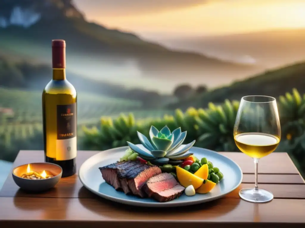 Una mesa de exterior en Uruguay con maridaje de vinos blancos y asado, bañada por luz dorada al atardecer