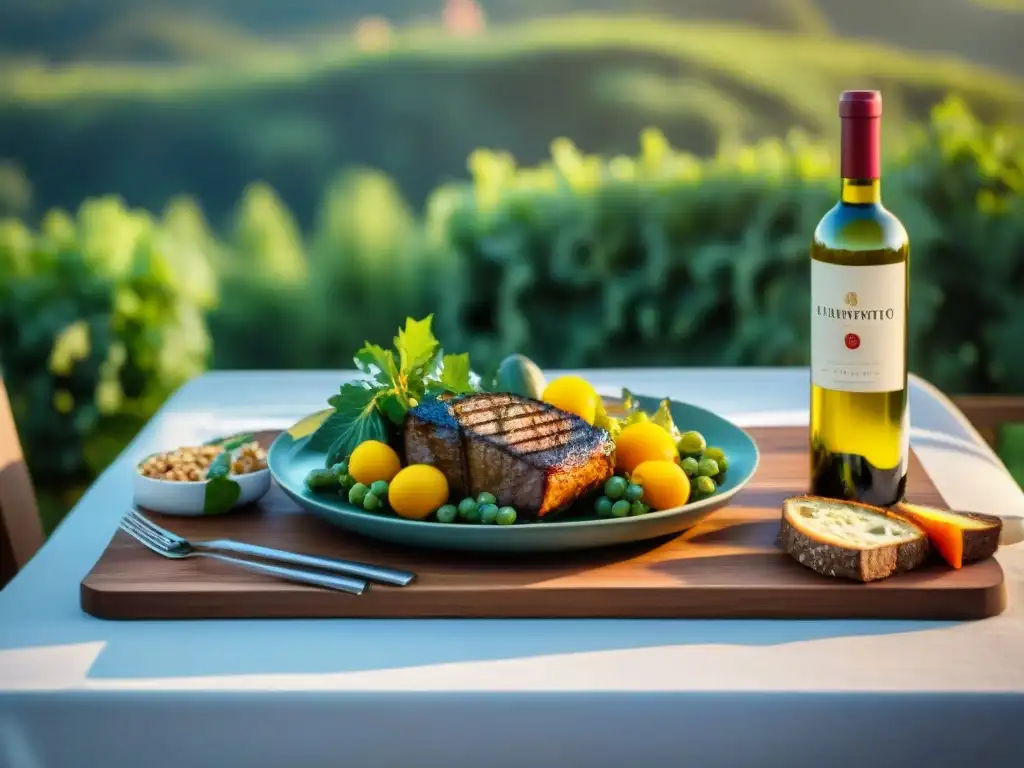 Una mesa de exterior preparada con elegancia para una experiencia inolvidable de maridaje de vinos de autor para asados