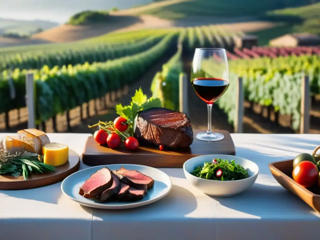 Una mesa de exterior con vinos uruguayos y asado perfecto en viñedo al atardecer