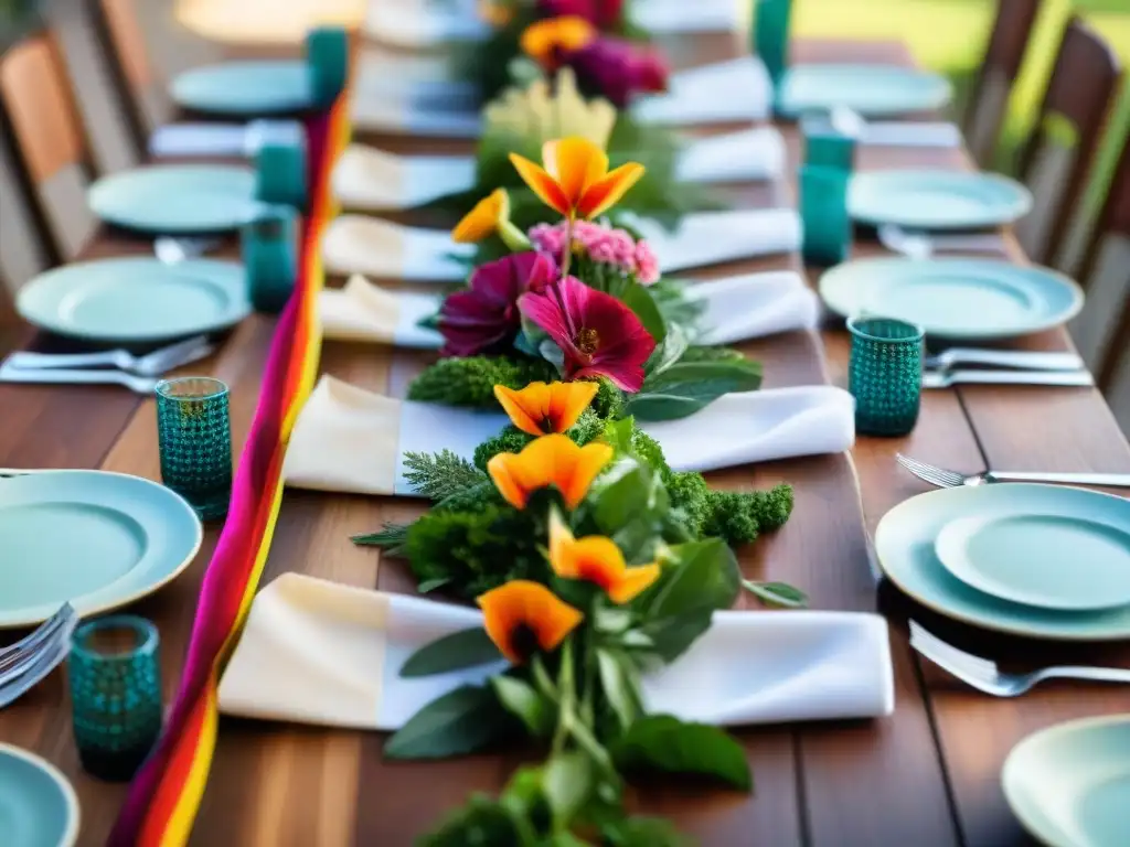 Una mesa festiva al aire libre con recetas chimichurri uruguayo en un evento vibrante