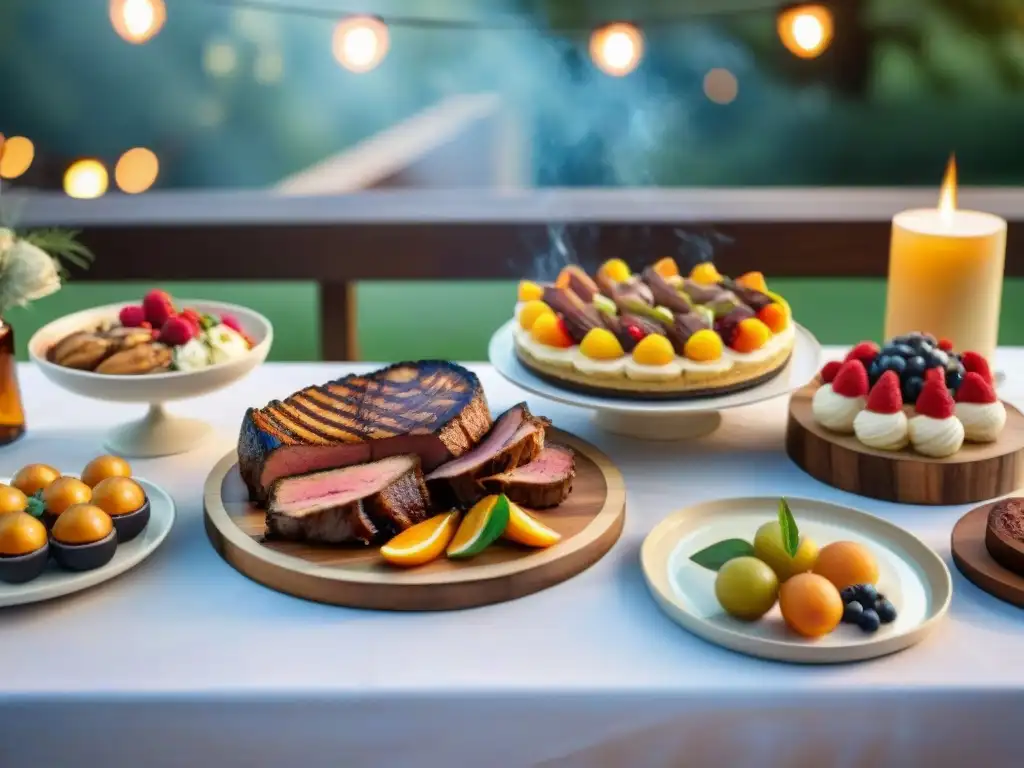 Una mesa festiva al aire libre con postres para maridar con asado, decorada elegantemente