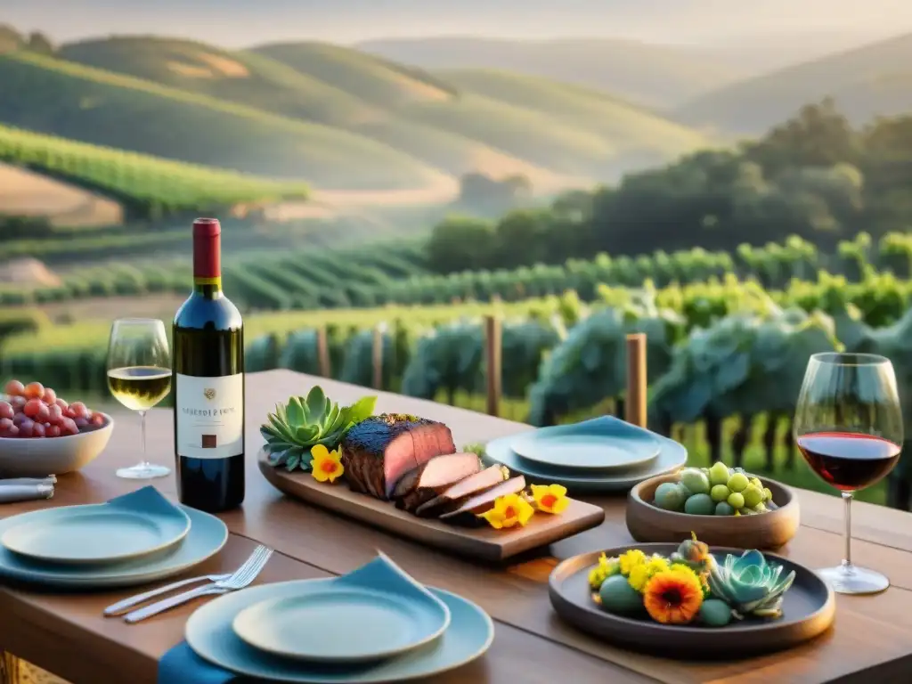 Una mesa larga de madera en viñedo con vinos y asados, ideal para maridaje vinos asados eventos grandes