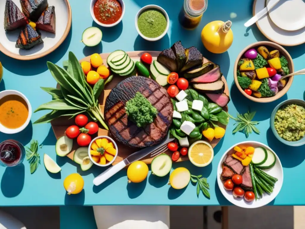 Una mesa llena de vida con un asado uruguayo rodeado de platos coloridos y saludables