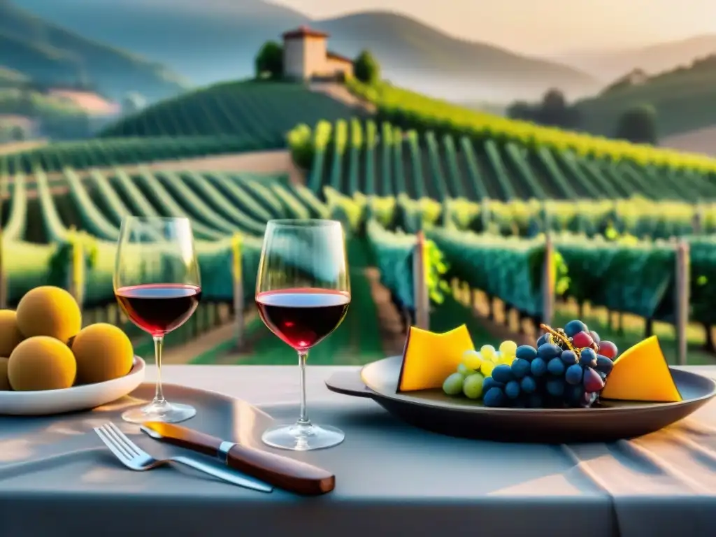 Una mesa de lujo al aire libre con vista a un viñedo, vinos dulces y asados a la parrilla, maridaje perfecto al atardecer