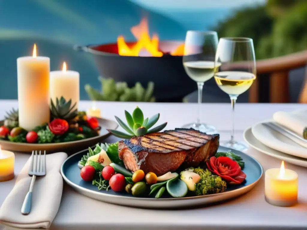 Una mesa de lujo en evento grande con vinos y asados, decorada elegantemente al atardecer