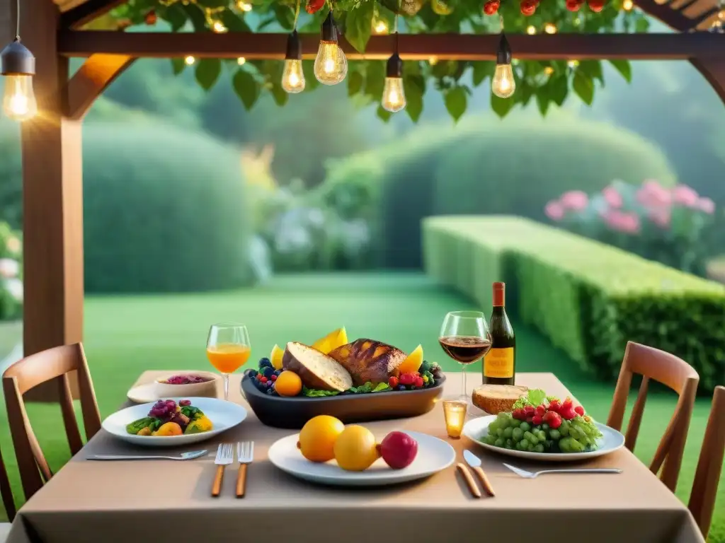 Una mesa de lujo preparada para un asado en un jardín secreto, con decoración exquisita y ambiente acogedor