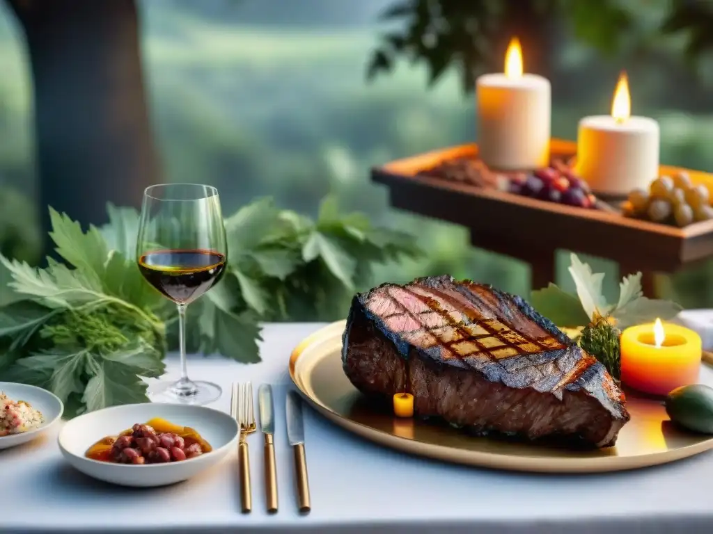 Mesa lujosa para asado con vinos uruguayos, carnes a la parrilla y ambiente cálido