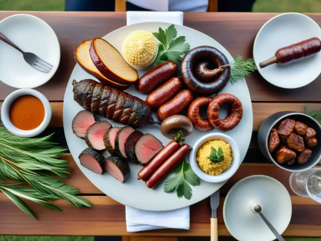 Una mesa de madera con achuras asadas uruguayas, vinos y cervezas artesanales