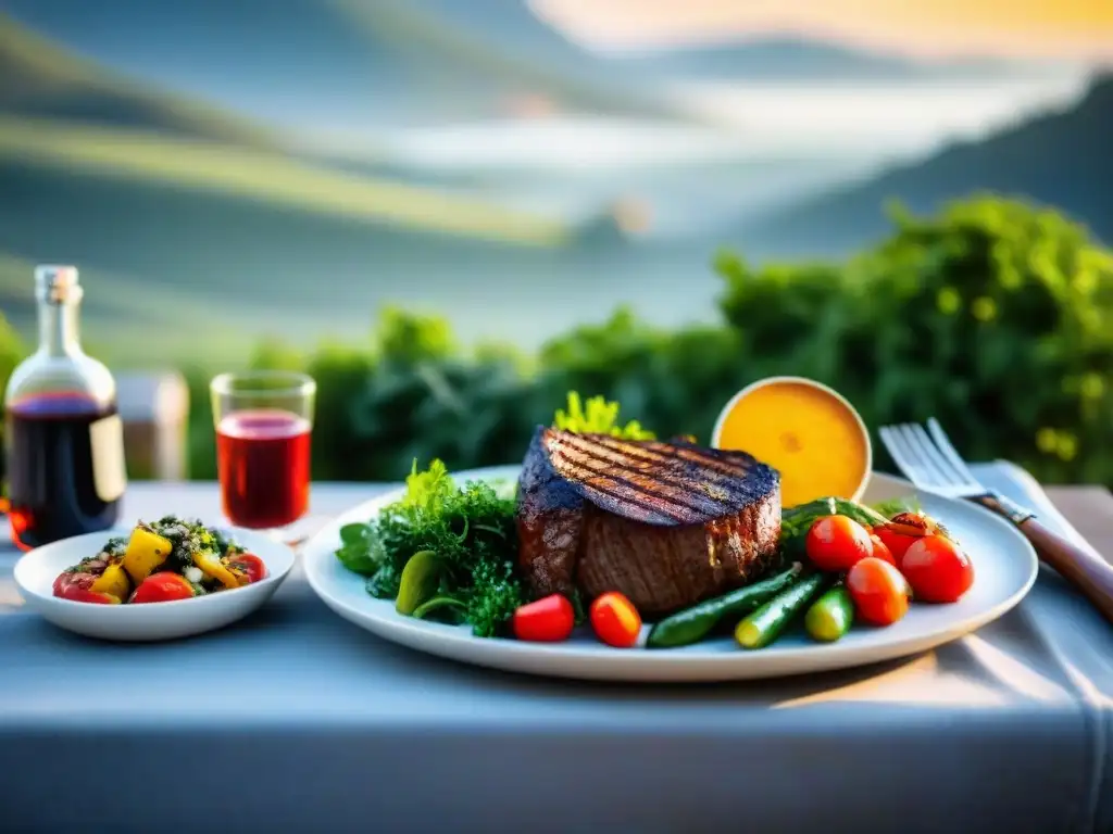 Una mesa de madera al aire libre con un asado uruguayo y maridaje perfecto al atardecer