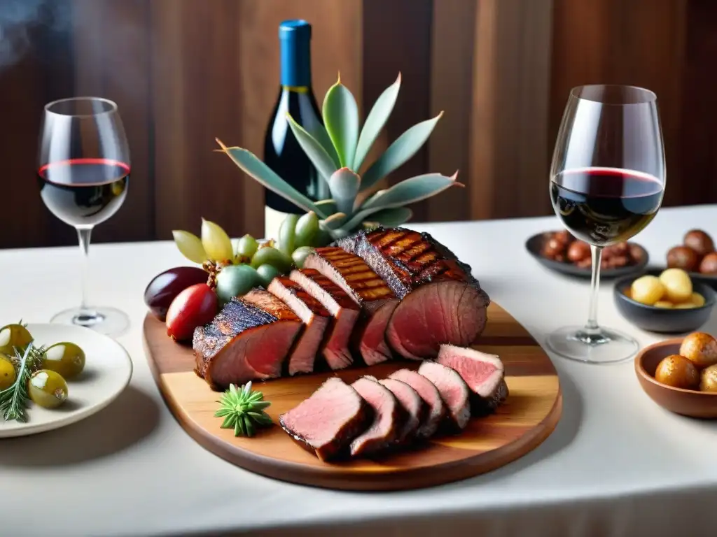 Una mesa de madera con suculentas carnes a la parrilla y exquisitos vinos en copas elegantes