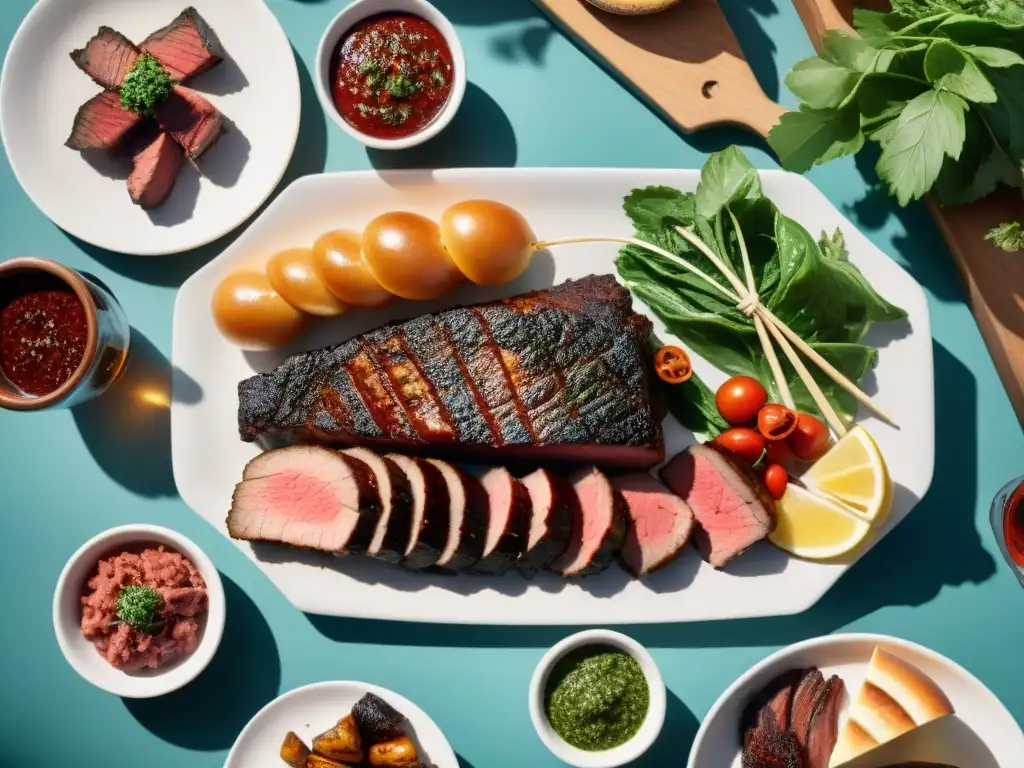 Una mesa de madera elegantemente decorada con un festín de asado uruguayo, transmitiendo equilibrio visual en asado uruguayo