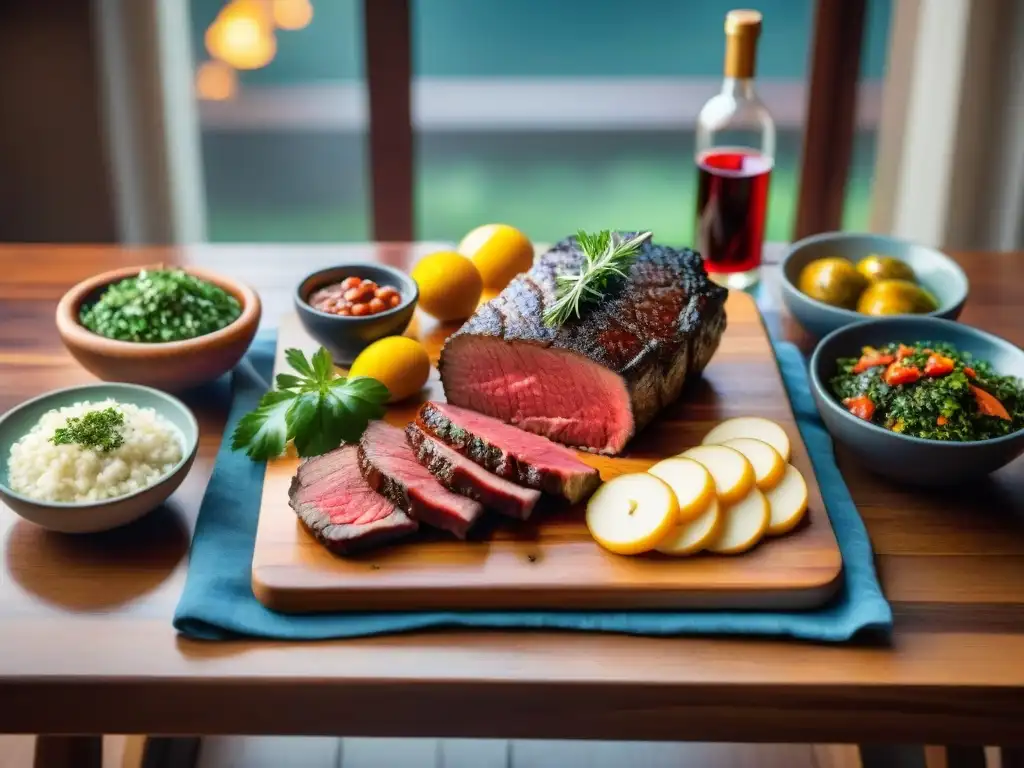 Una mesa de madera elegante repleta de cortes premium de carne uruguaya y maridajes carnes vinos perfectos Uruguay